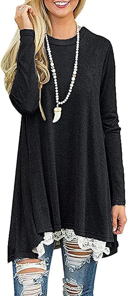 Women Crew Neck Lace Splicing Swing Dress Fall Winter Long Sleeve Tunic Top
