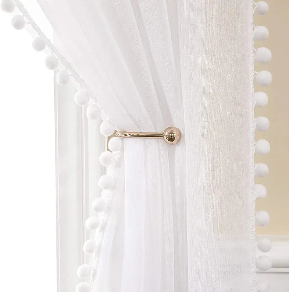 MIULEE Voile Gardine Pompons Ösen transparent 2er Set B140 H225 Weiß