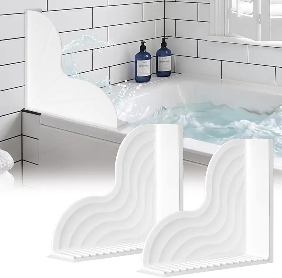 2 PCS Water Splash Guard Shower, No-Adhesive Silicone Splash Guard for Bathtub, Angle Water Stopper, Durable Easy to Remove, Keep Floor Drier (White)