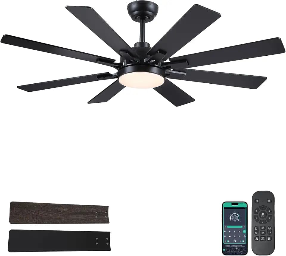 Kviflon 52 Inch Ceiling Fans with Lights Indoor Outdoor 8 Wood Blade Black