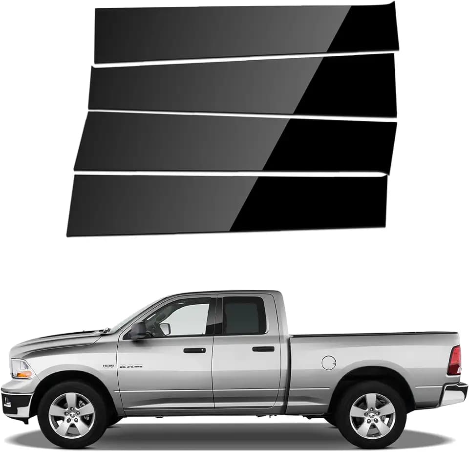 Glossy Black Stainless Steel Pillar Posts Door Window Trim Fit for Dodge Ram 1500 2009 2010 2011 2012 2013 2014 2015 2016 2017 2018,Anti Scratch Stickers Door Pillar Molding Cover Set -Set of 4
