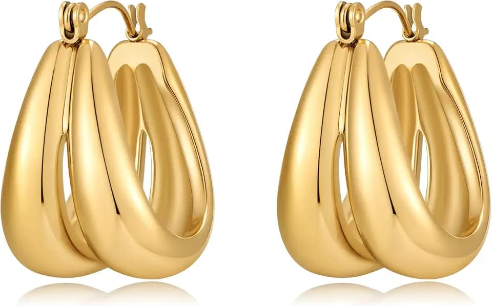 Gold Hoop Earrings for Women 18K Gold Plated Stainless Steel Trendy Teardrop Earrings Hypoallergenic Pull Through Hoops Elegant Gift Jewelry
