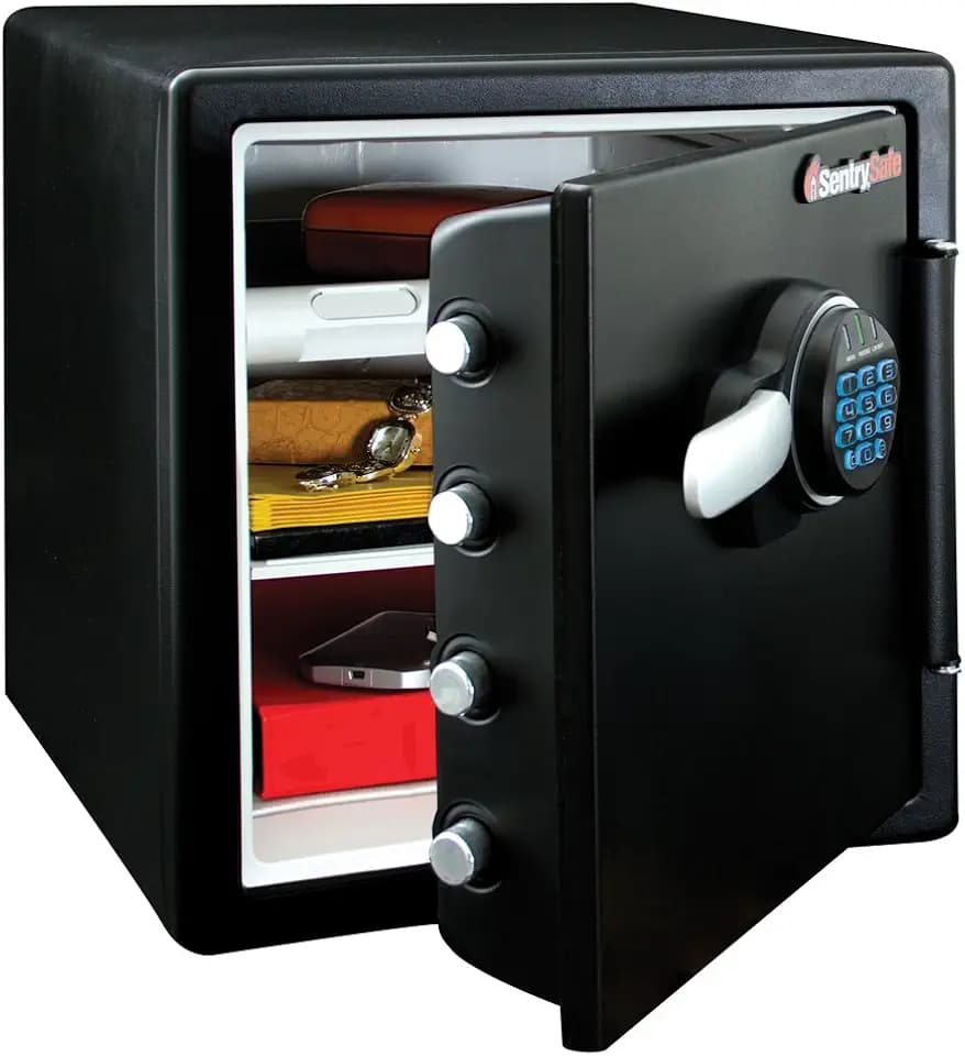 SentrySafe Fireproof and Waterproof Steel Home Safe with Keypad, Floor Safe with Interior Lighting and Shelves, 1.23 Cubic Feet, 17.8 x 16.3 x 19.3 Inches, SFW123FUL