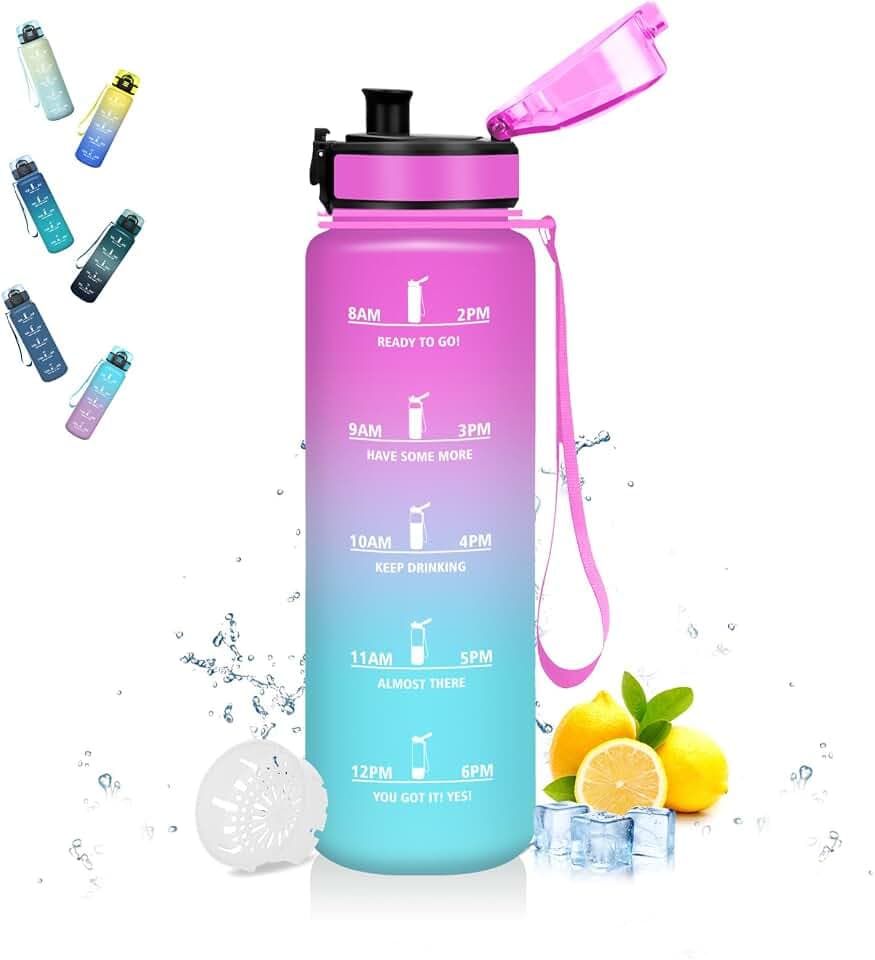 Wasserflasche 1l, Trinkflasche Sport, Sichere Verriegelung, Wasserflaschen mit Filter, Mit Zeitmarkierung und Schnürung, Auslaufsichere Trinkflasche für Joggen, Outdoor, Wandern