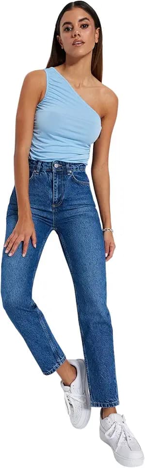 TRENDYOL Damen Hose Damen Jeans mit Hoher Taille, Weites Bein