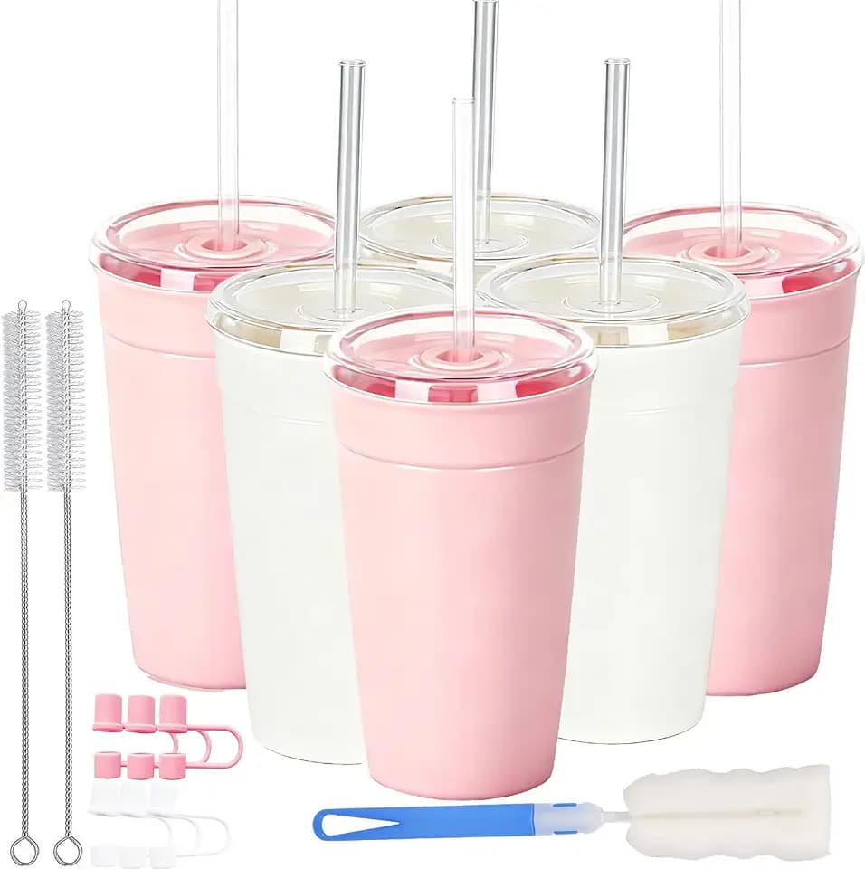 Clear Tumbler Cup, 16 oz Plastic Iced Coffee Cup with Lid and Straw, 6 Pack, Reusable and Dishwasher Safe, for Gatherings and Outdoor Adventures (6, Pink, White)