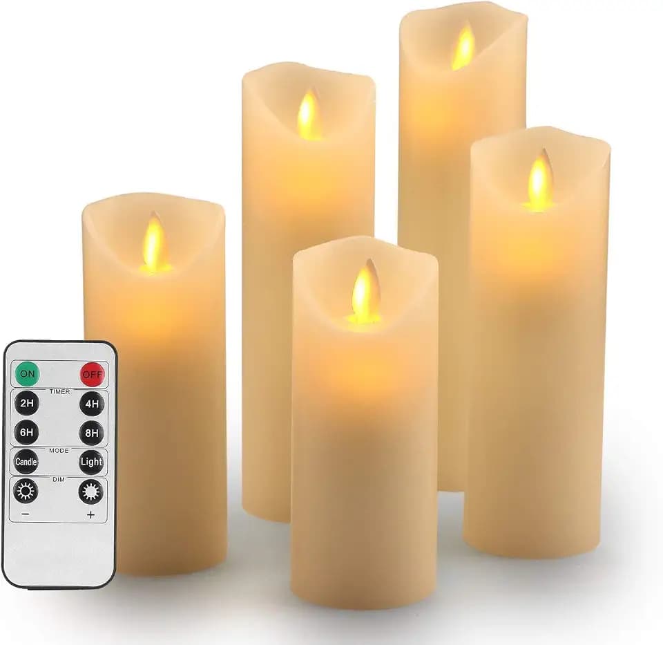 LED Flammenlose Kerzen echtwachs led kerze : Set von5 Batteriebetriebene Kerzen D2.2xH 5.5" 6"6.5" 7"8" Echtwachssäule Kerzen Flackern mit Fernbedienung und Timer-Steuerung Elfenbein Farbe（5x1)
