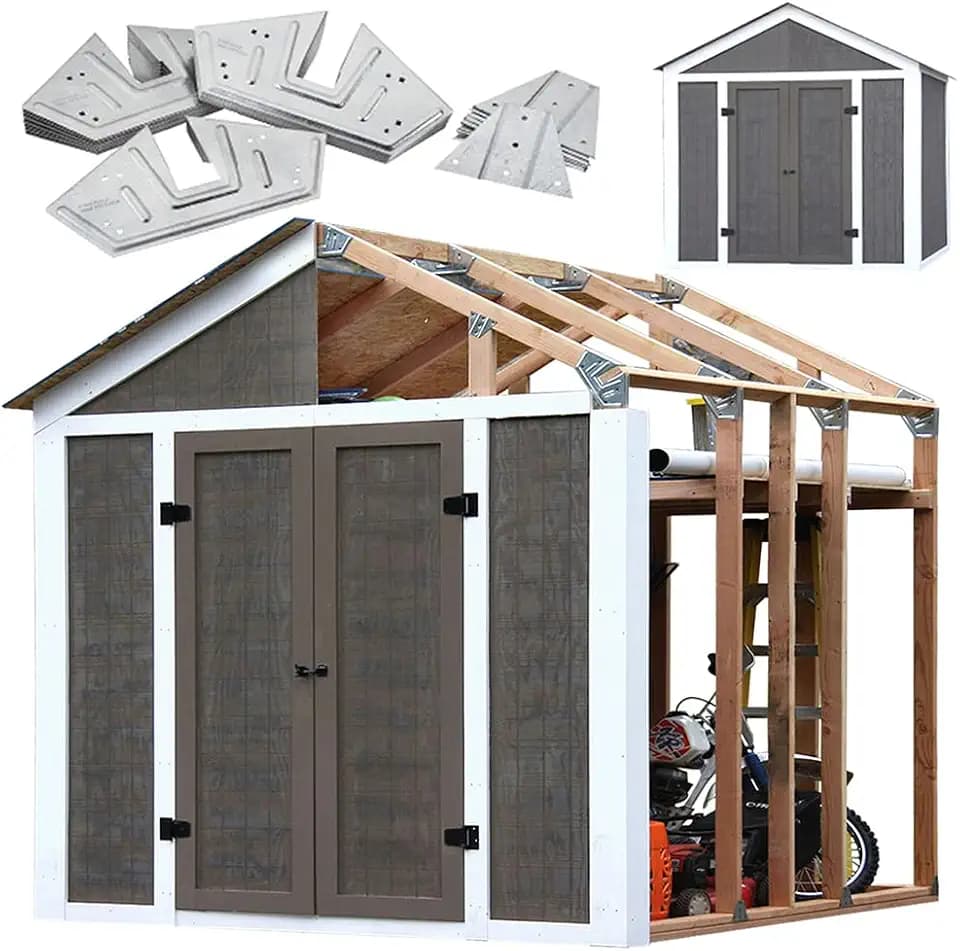 EZBUILDER 7 x 8 Foot Peak Roof Storage Shed Garage Barn DIY EZ Framing Kit with 24 Galvanized Steel Angles and 12 Base Plates (No Wood Included)