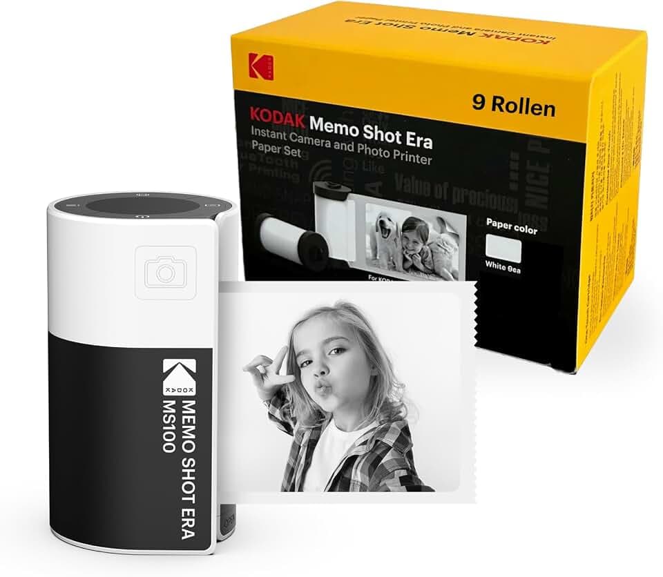 Kodak Memo Shot ERA Kinder-Sofortbildkamera und Foto-Etikettendrucker, Weiß (Kamera mit 1 Rolle One-Touch-Etikettenpatrone + 9 Rollen Patronenset)