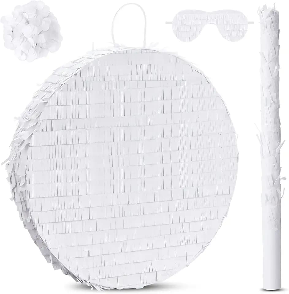 Jenaai 16 Inch Round White Piñata Large Circle Blank Piñata with Stick, Blindfold and Confetti for Adults and Kids' Birthday Parties Game DIY Wedding Celebration Baby Shower Carnival Party Supplies
