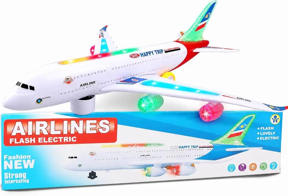 Bump and Go Airplane Toy with 4D Lights & Sounds, Realistic Moving Plane with Automatic Direction Change, Interactive Aircraft Toy for Boys & Girls Ages 3–12, (Red)