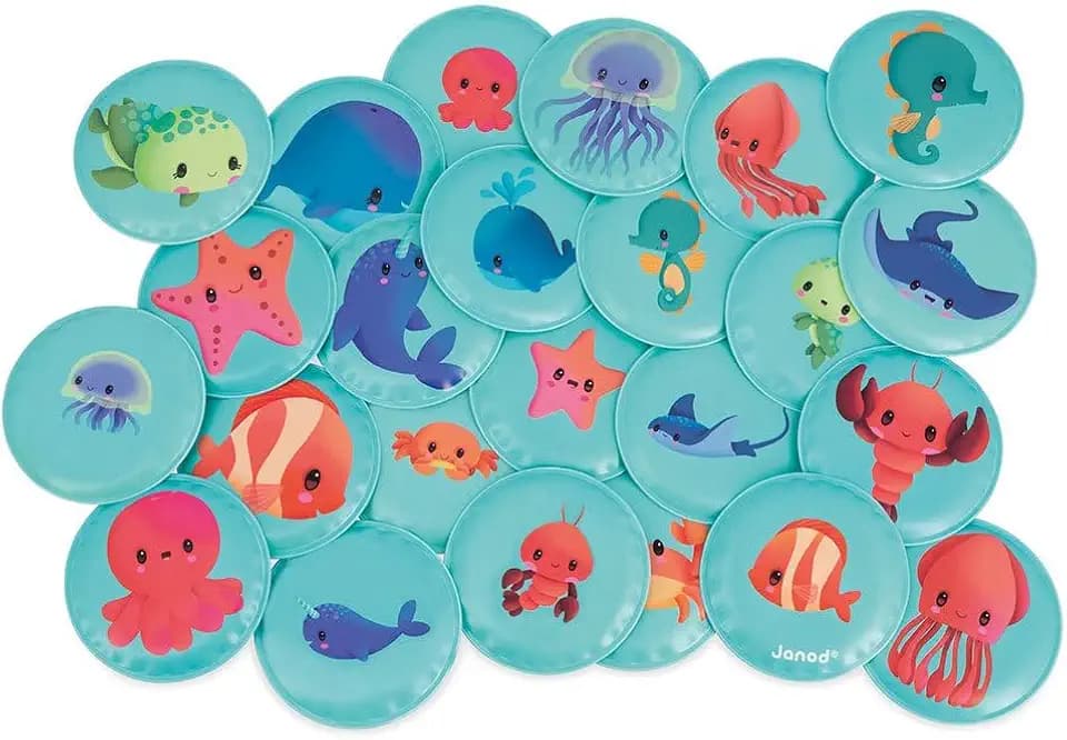 Janod - Memoryspiel Meine Tierbabys - Badespielzeug - 24 Schwimmende Teile - Memo-Spiel für Kinder - Erweiterbares Spielzeug - Ab 24 Monaten, J04723