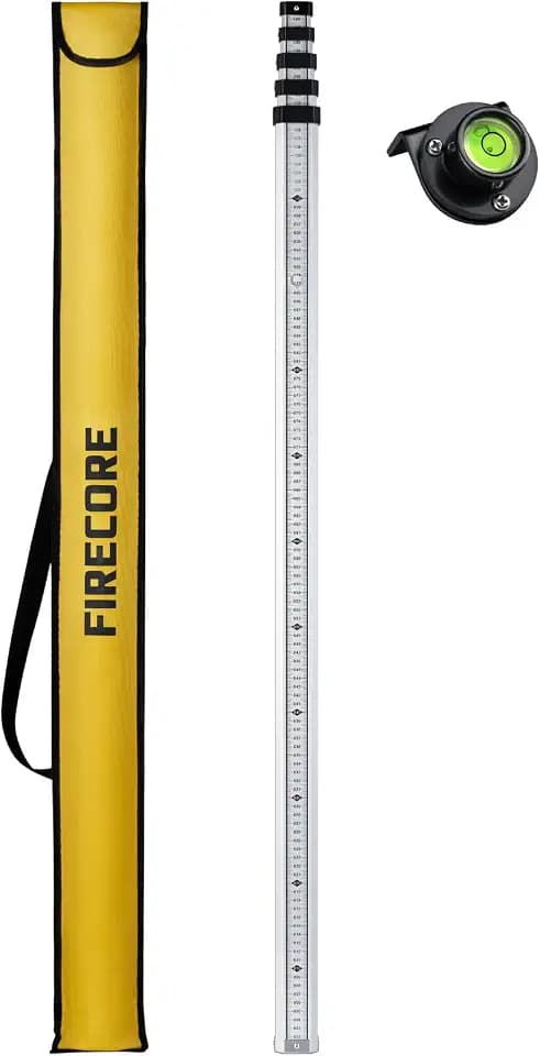 Firecore Nivellierlatte, Teleskop Nivellierlatte 5m, Aluminium Messstangen für Kreuzlinienlaser und Rotationslaser, Masslatte mit Libelle & Nylontasche, 5m Länge In 5 Segmenten, cm/mm Einteilung)