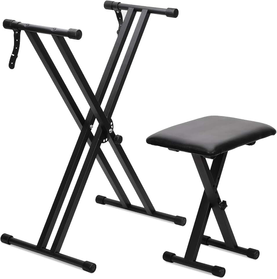 Doppelstrebig X-Keyboardständer,keyboard ständer mit 7-Fach höhenverstellbar - gepolsterte Keyboardbank 3-Fach höhenverstellbar – Stabiler, klappbarer Ständer und komfortabler Klavierhocker (Schwarz)