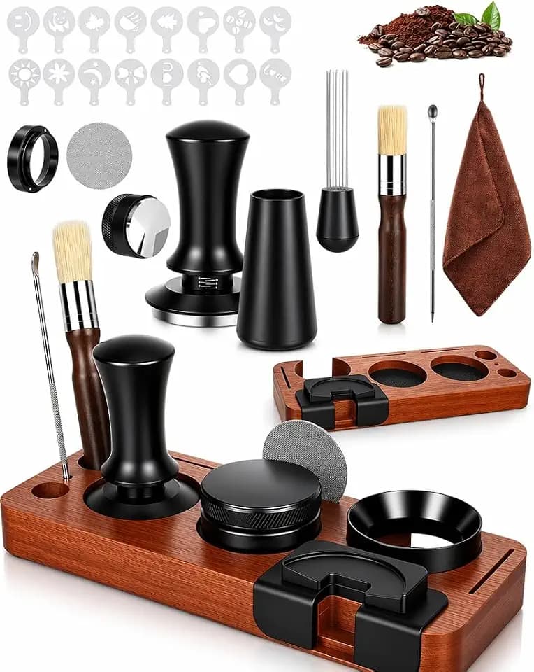 51 mm Espresso Tamper Set 25 Teile, mit Tamperstation, Kaffee Leveler, WDT Tool, Dosierring, Puck Screen und 16 Latte-Art-Schablonen