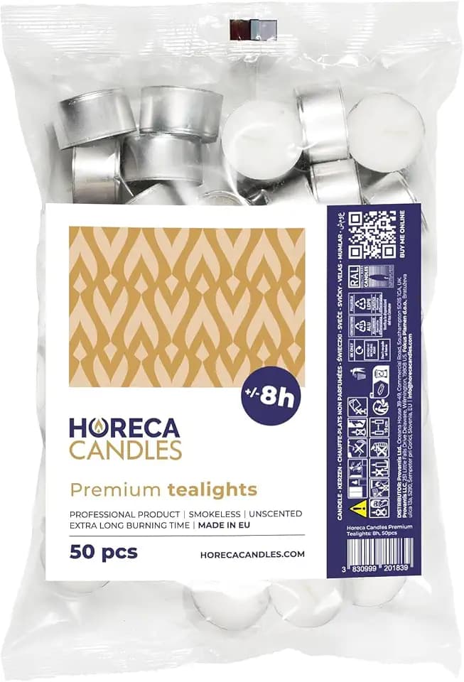 Horeca Candles - Teelichter 8 Stunden Brenndauer - Weiß - 50 Stück - Im Beutel - Aluhülle - Kerzen zum Feiern, Deko, Hochzeit, Gastro, Party - Unparfümiert - Premium Qualitä