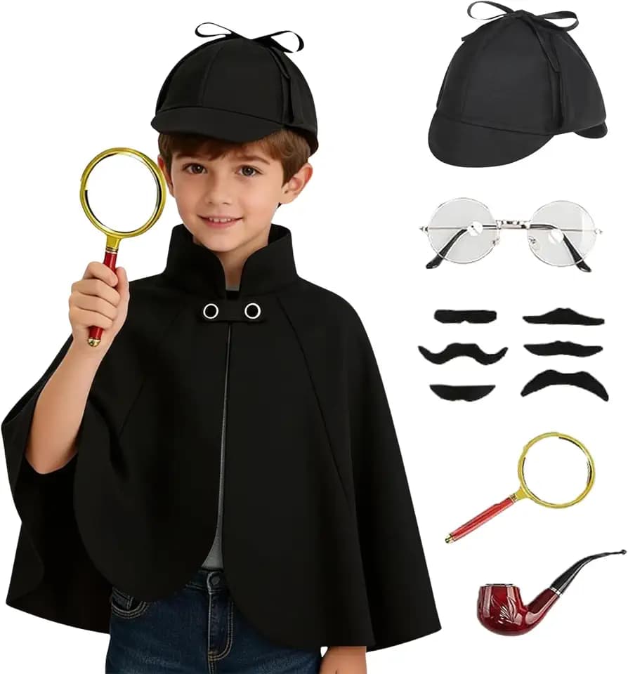 maxToonrain Kinder Detektivkostüm Jungen und Mädchen Viktorianische Kostüme mit Umhang, Detektivhut, Lupe, Brille, Schnurrbart & Smaking Pfeife, perfekt für den Welttag des Buches, Halloween