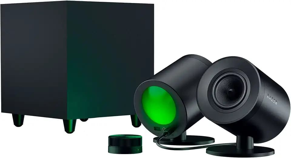Razer Nommo V2 Pro - Full-Range 2.1 Gaming-Lautsprecher für PC mit kabellosem Subwoofer und Remote (3-Zoll-Full-Range-Treiber mit Aluminium-Phase-Plugs, Nach Unten Abstrahlender Subwoofer) Schwarz