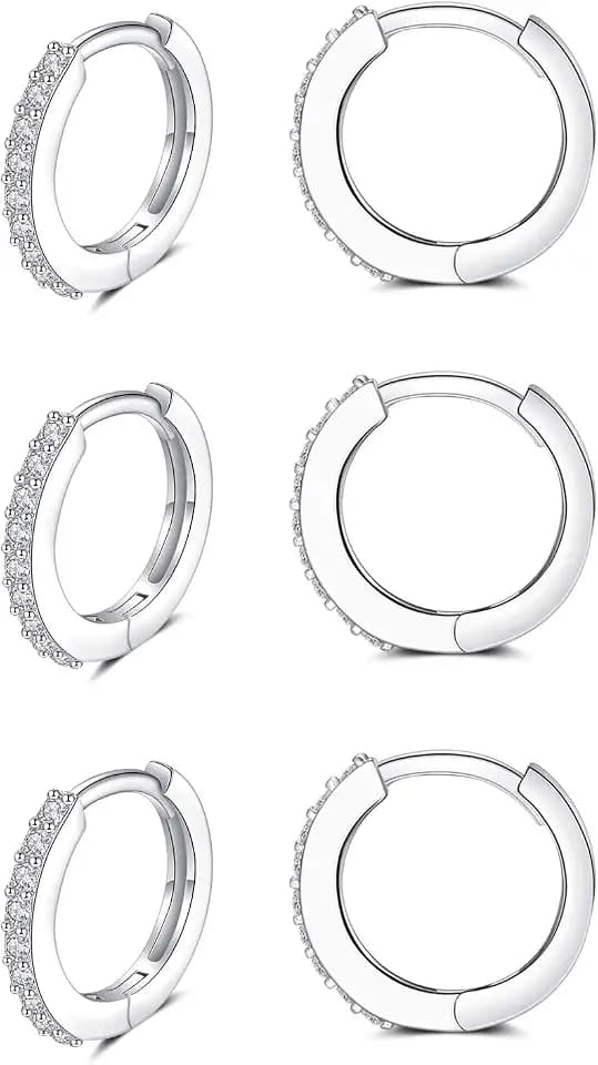 Silver Huggie Hoop Earrings for Women, 3 Pairs Tiny Hypoallergenic Sterling Silver Cartilage Hoops | 14k Gold Small Cubic Zirconia Cuff Earrings Mini Piercing Jewelry (6/8/10/12mm)