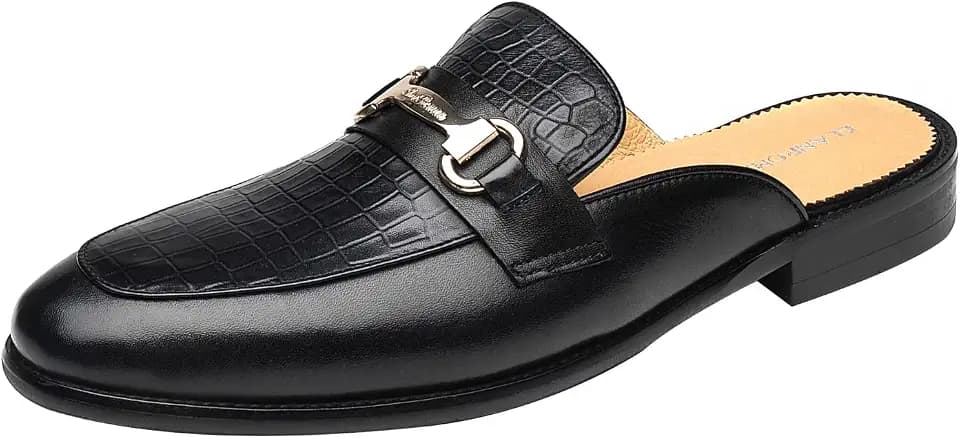 ELANROMAN Men's Backless Loafers Black Genuine Leather Mules Slippers Slip on Shoes