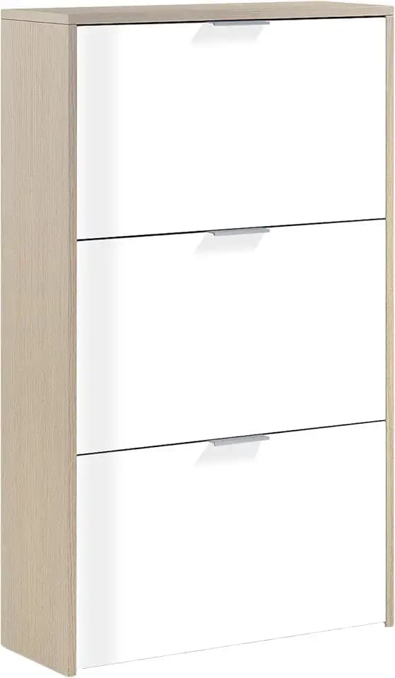 Habitdesign, Schuhschrank mit 3 Türen –in Weiß Hochglanz und kanadischer Eiche für ca. 18 Paar Schuhe, für Flur, Eingangsbereich oder Schlafzimmer, Maße: 60 x 113 x 22 cm (B x H x T), Modell Low Cost