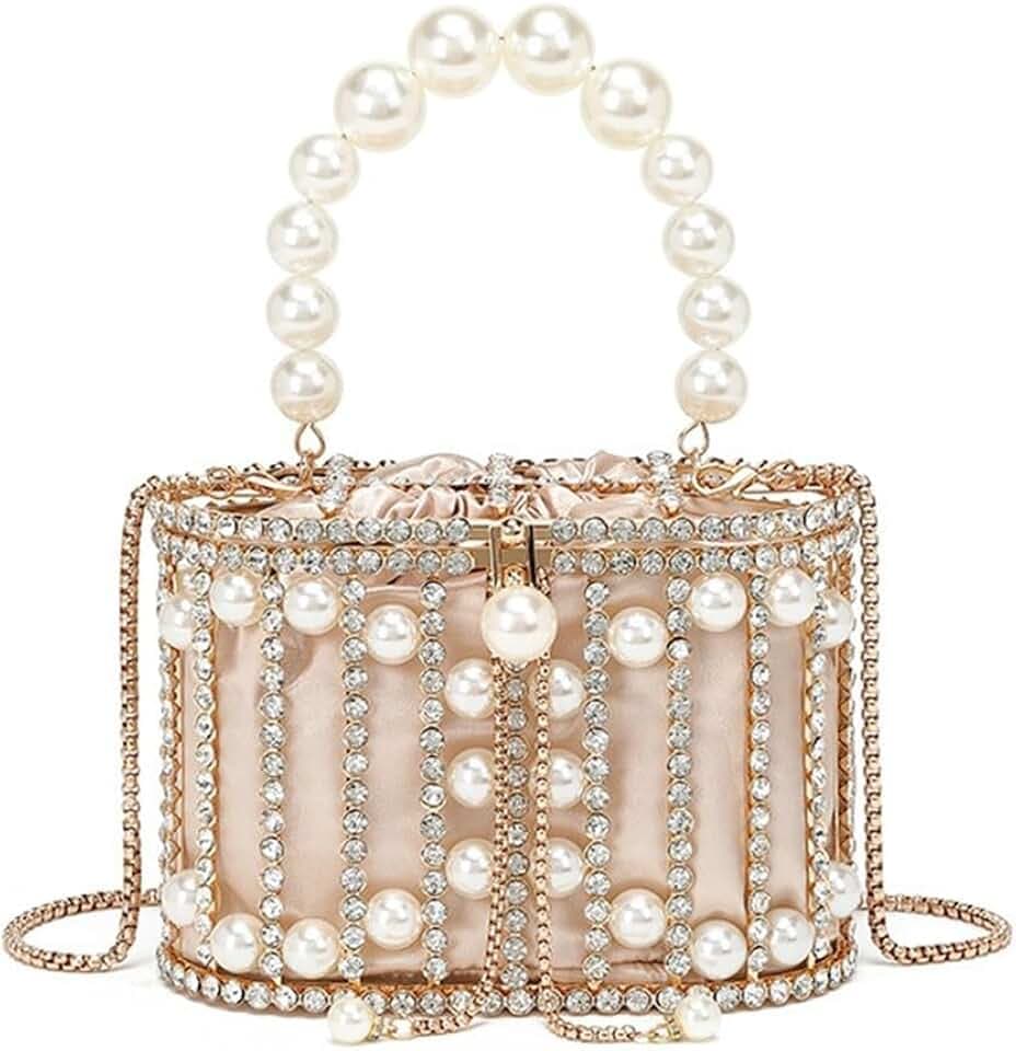 Women Rhinestone Cage Bag Sparkling Hollow Pearl Evening Clutch Glitter Double-layer Detachable Basket Handbag