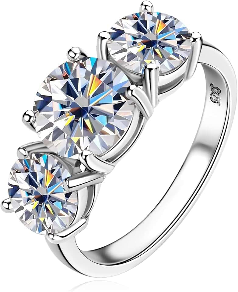 AlNUOSHI 3-Stone Moissanite Ring for Women, 925 Sterling Silver Round Cut Lab Created Diamond, Engagement Wedding Band, Anniversary Promise Gift with Jewelry Box & Certificate