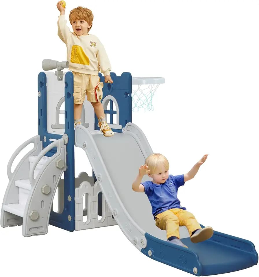 LulliSpace 6 in 1 Toddler Slide,Kids Climber Slider for Indoor Outdoor Playground with Basketball Hoop,Storage and Telescope,L Shaped Slide for Toddler Climber Playset