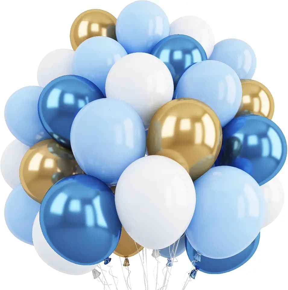 Blue and Gold Balloons, 12 Inch Pastel Baby Blue Metallic Blue Metallic Gold White Latex Balloon for Boys Men Birthday Father Day New Year Graduation Party Decor Baby Shower Anniversary Decorations