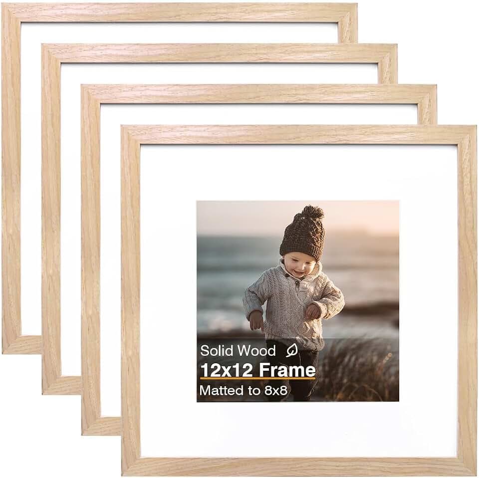 KINLINK 12x12 Picture Frames 4 Pack Natural Solid Wood Square Frames