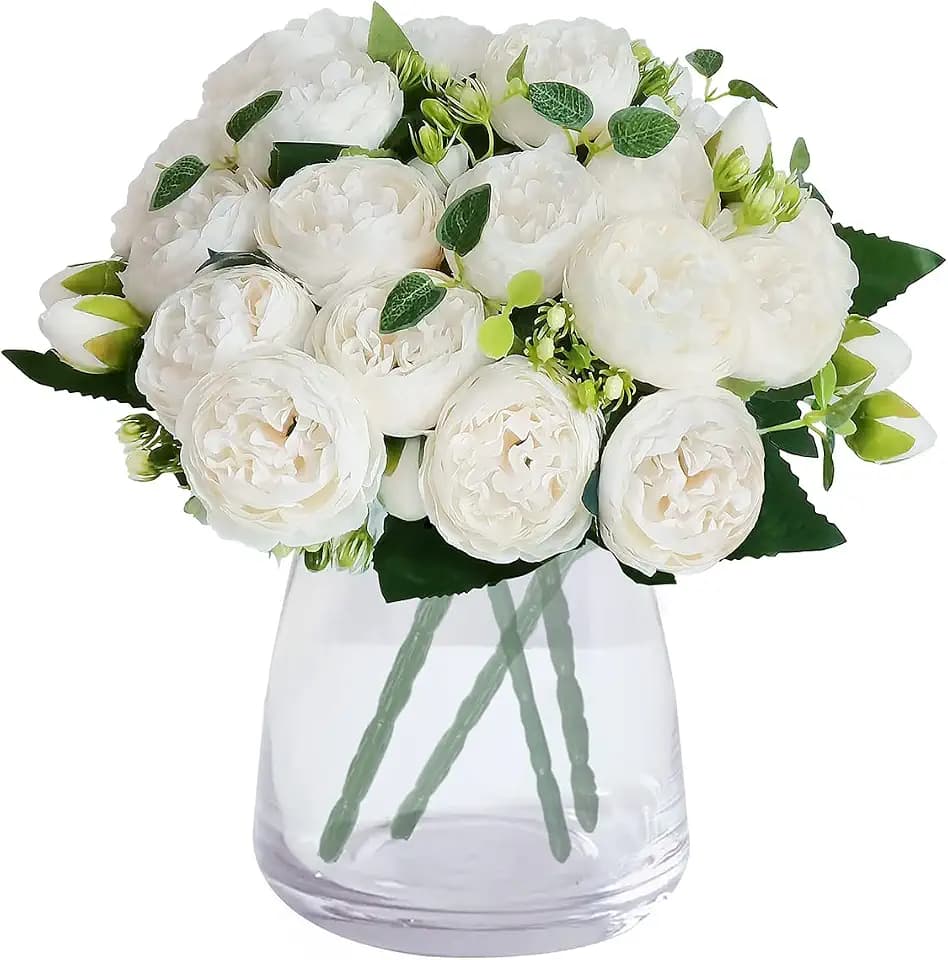 White Peonies Artificial Flowers 4 Pcs Fake Bouquets,Vase No Included