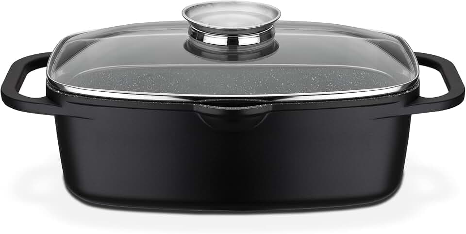 GSW Universalbräter Gourmet Granit – hochwertiger Bräter mit Deckel, ideal zum Schmoren, Grillen und Braten, auch für Induktion und Backofen – Schwarz, Aluguss, 6 Liter