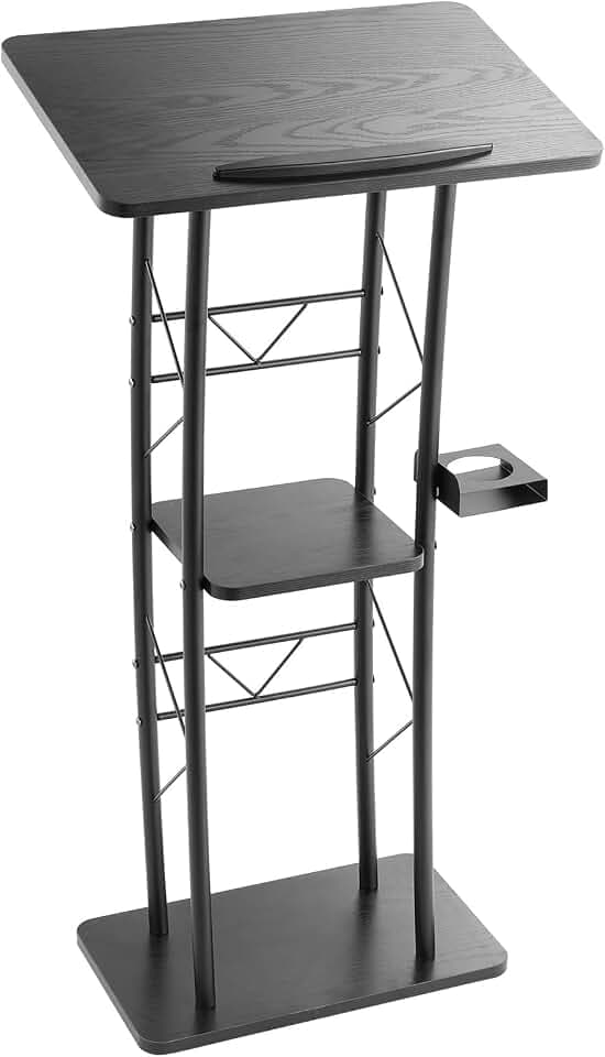 VEVOR Podium Stand, 47-Inch Metal Lectern, Curved Standing Podium with Wide Reading Surface, Open Storage Compartment, Book Stopper, Cup Holder, for Classroom, Wedding, Conference, Speech, and Concert