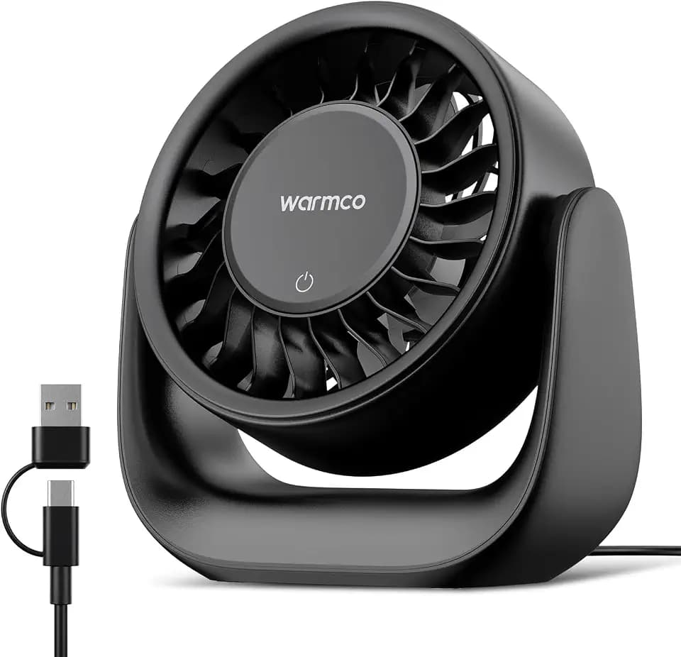 Warmco USB Tischventilator mit Touch, (Nur USB-Betrieb) Kleiner Ventilator, USB-A & USB-C Stecker, 3 Geschwindigkeiten, Starker Luftstrom, Leise für Büro & Zuhause