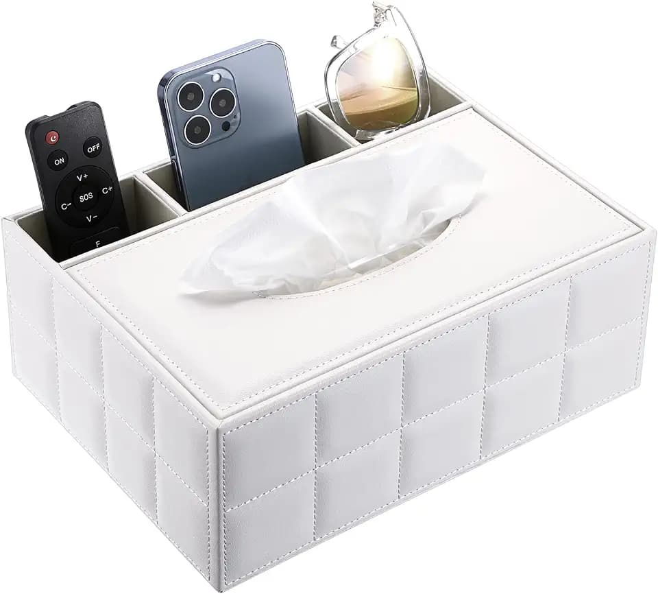 BTSKY Rechteckige Taschentuchbox aus PU-Leder mit Fernbedienung – Schreibtisch-Tücherhalter, Organizer, Aufbewahrungsbox, Halter, Fernbedienungsbehälter, Weiß