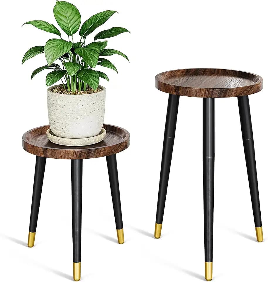 Plant Stand Indoor 2 Pack, Wood Mid Century Indoor Plant Stand, Tall Plant Stands for Flower Pot, Modern Plant Table, Small Side End Table With Raised Design, Walnut, 11.7"x18.8" & 11.7"x13"