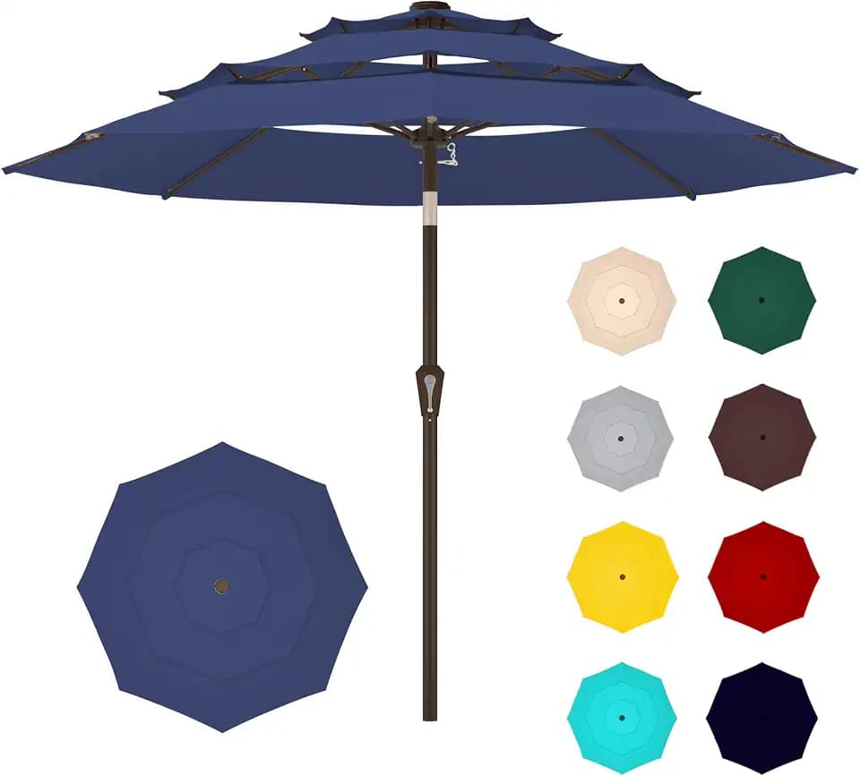 Ayge 9FT 3-Tier Large Outdoor Patio Umbrella Market Table Umbrella-UV Resistant,Easy Push Button Tilt and Crank,8 Sturdy Fiberglass Ribs Heavy-Duty Pool Umbrella for Deck,Backyard,Garden,Yard,Navy