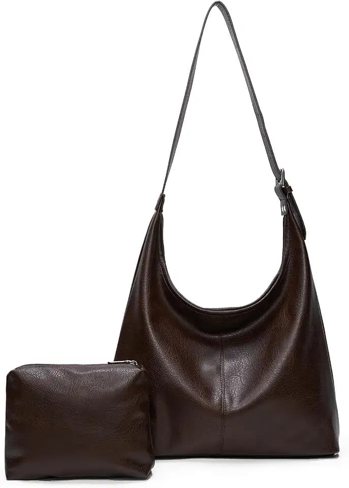 Hobo Bag for Women, Vegan Leather Slouchy Shoulder Tote with Matching Pouch