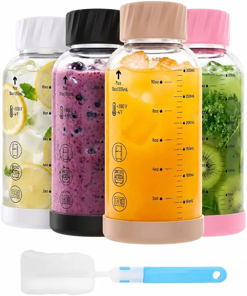 Luxfuel 12 oz Borosilicate Glass Juice Bottles, Stainless Steel Lids 4 Pack