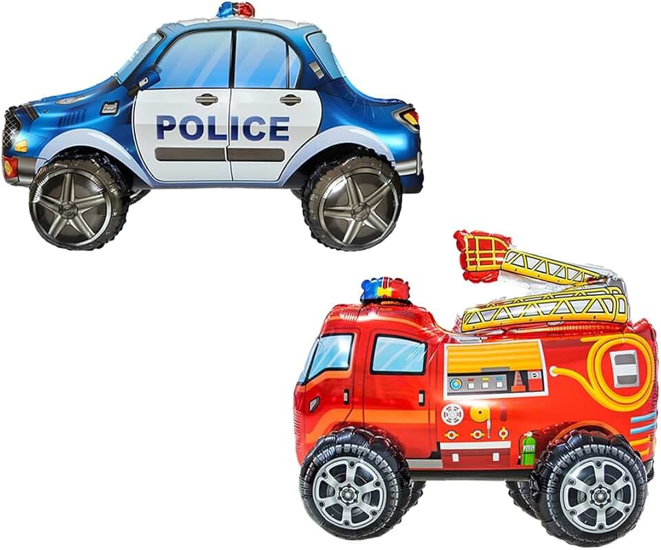 35 Inch 3D Self‑Standing Police Car & Fire Truck Assemble Foil Balloons Rescue Vehicles Mylar Balloon, Police Firefighter Car Birthday, Baby Shower, Home Decorations Supplies for Kids Girls Boys
