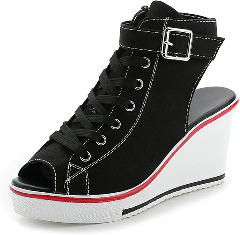 OCHENTA Women's Peep Toe Wedge Sneakers Canvas Platform Shoes Side Zipper Lace up Buckle Fashion Sneakers Walking Shoes