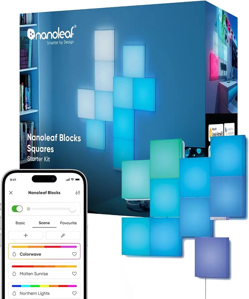 Nanoleaf Blocks Starter Kit | 10 Quadrate RGBW Wandlampen diffus Beleuchtung, Musik & Bildschirm Sync, WLAN App- & Sprachsteuerung (kompatibel mit Alexa, Apple & Google Home), Deko & Gaming