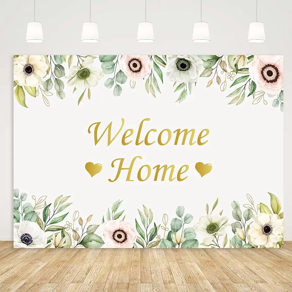 Welcome Home Backdrop Banner, Pink White Flowers, 7x5ft, Polyester, Welcome Home Party