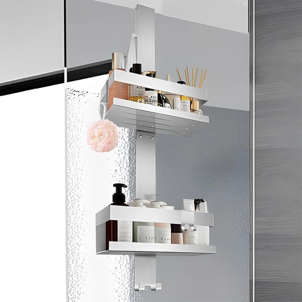 Duschablage zum Hängen,Duschablage ohne Bohren, Duschkorb mit 4 Haken,Silbe | Platzsparende Duschhalterung aus Edelstahl SUS304 Shampoo Duschgel Halterung für Handtuchhalter Dusche Glaswand