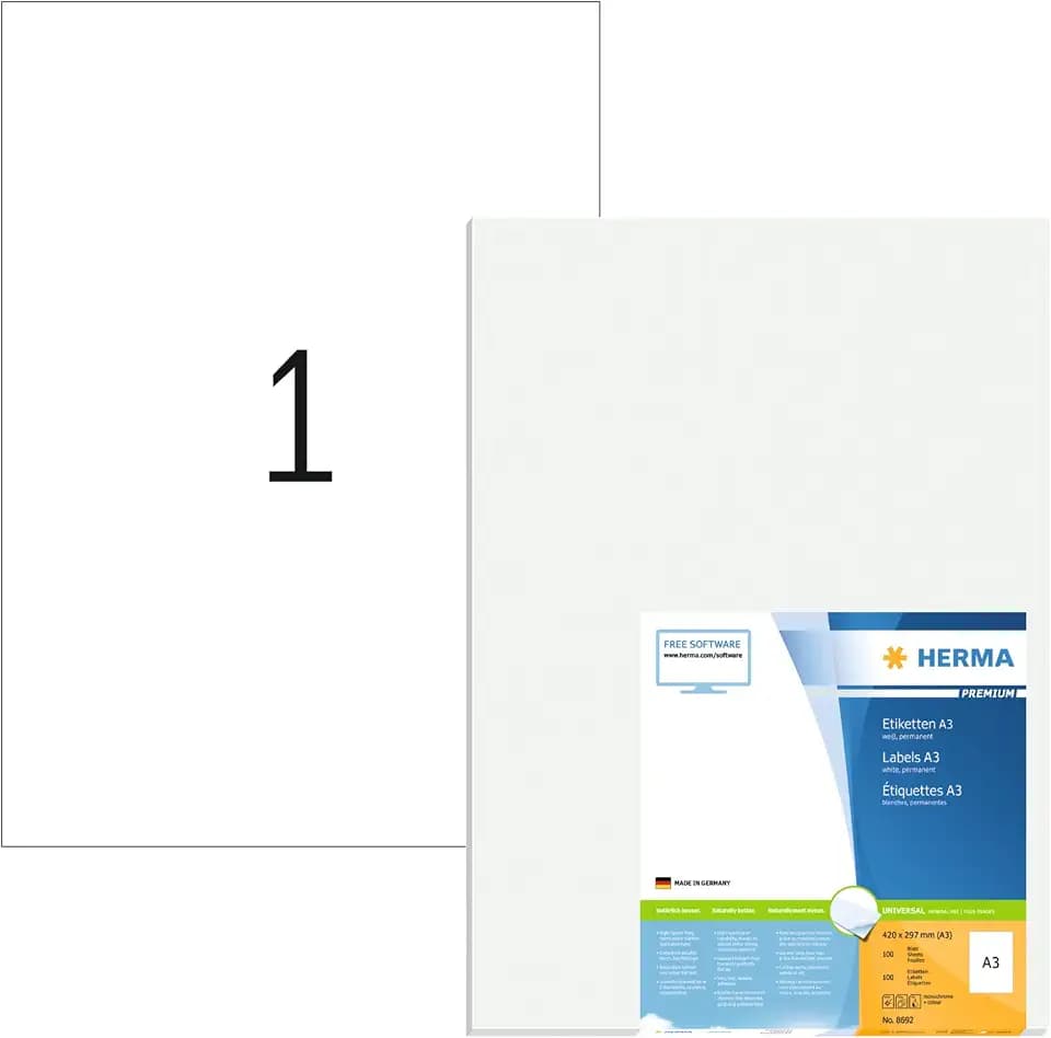 HERMA 8692 Universal Etiketten, 100 Blatt, 297 x 420 mm, 1 pro A3 Bogen, 100 Stück, selbstklebend, bedruckbar, matt, blanko Papier Klebeetiketten Aufkleber, weiß