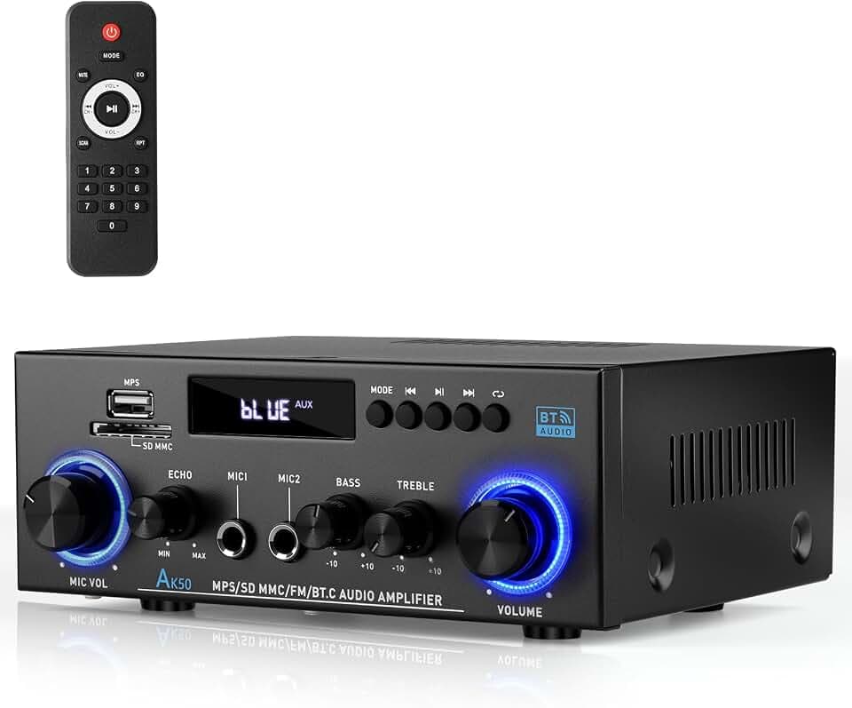 Romicta HiFi-Verstärker, Mini Bluetooth Stereo Audio Verstärker Receiver 12V/ 220V 800W 2 Kanäle Endverstärker Soundverstärker w/UKW-Radio, SD/USB-Karteneingang, für Zuhause oder Auto