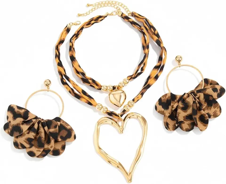 2Pcs Leopard Print Jewelry Set for Women, Statement Flower Drop Earrings and Layered Heart Pendant Necklace, Boho Animal Pattern Jewelry Accessories for Party Beach