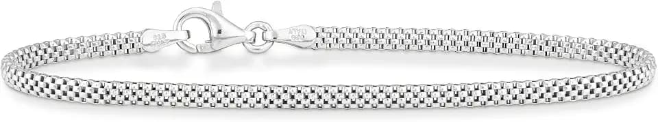 Miabella 925 Sterling Silver or 18K Yellow Gold Plated 925 Sterling Silver Italian 2.5mm Mesh Link Chain Bracelet for Women, Made in Italy