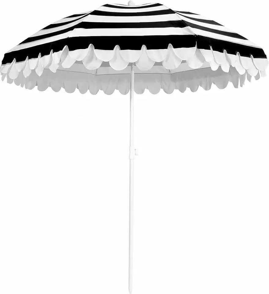 6.5Ft Classic Beach Umbrella with Fringe, Scalloped Patio Umbrella with Push Button Tilt, UPF50+ Portable Outdoor Umbrellas for Garden Lawn Pool, Carry Bag, Black White Stripe