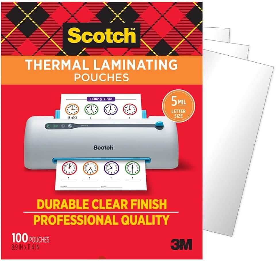 Scotch Thermal Laminating Pouches, 100 Count, Clear, 5 mil.